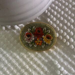 Floral Mosaic Brooch with Gold Trim
